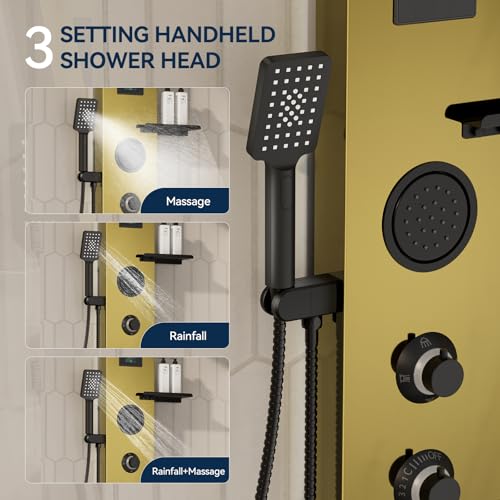 Homevacious 4 In 1 Shower Panel System with Shelf Polished Gold | LED Rain Shower Head Adjustable Massage Body Jets 3 Functions Handheld Head Tub Spout Stainless Steel - color: Polished Gold and Black, style: LED Shower Panel