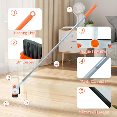 Floor Scrub Brush with Long Handle, 3 in 1 Extendable Stiff Bristle Scrape Brush, 60-In Shower Scrubber Brush with Squeegee and 2 Replacement Heads for Cleaning Bathroom Kitchen Deck Tub Tile