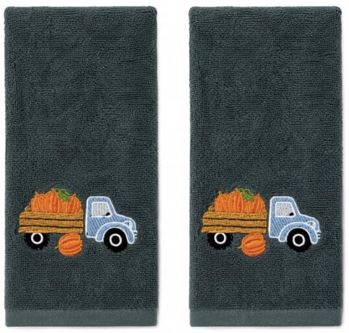 Serafina Home Decorative Fall Fingertip Towels: Embroidered Harvest Pumpkin Truck Design on Plush Grey, 2 Piece Set, 12" x 18" Inch, 100% Cotton - color: Grey Orange