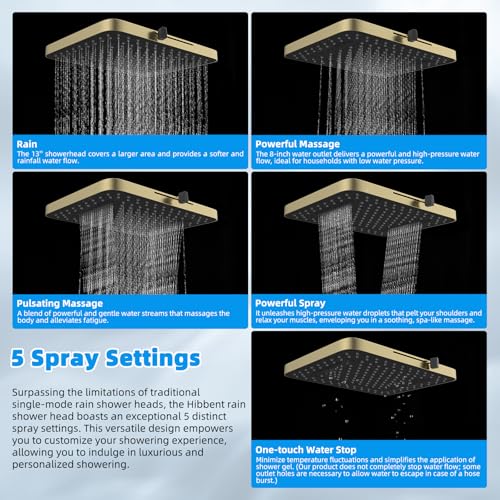 Hibbent 13'' 5-spray Rain Shower Head, 10-Spray Handheld, Brushed Gold | cUPC Certified High Pressure Dual Showerhead Combo, Upgraded Rainfall Shower Head, 12'' Extension Arm, 71'' Hose & Holder - color: Brushed Gold, style: Square 13''