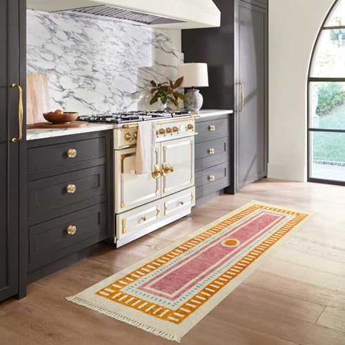 Lukinbox Boho Bathroom Runner Rugs with Fringes, 2x6 Sun Washable Hallway Runner Rug, Extra Long Soft Non-Slip Orange Rainbow Area Rug for Kitchen Laundry Room Entryway - size: 2' x 5'11" (Rectangular)