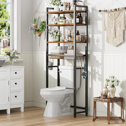 Ekisemio Over The Toilet Storage Rack, 4 Tier Over Toilet Shelf with Adjustable Feet, Freestanding Bathroom Organizer with Wooden Shelves, Hooks, Paper Holder, Vintage Brown