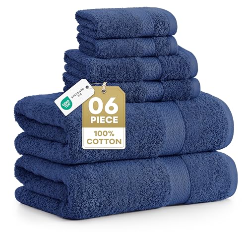 LANE LINEN Bath Towel Set Absorbent Quick Dry 100% Cotton 6 Piece - Navy | Cotton Towels For Bathroom - OEKO-TEX Certified, Ring-Spun Durability, Ring-Spun Cotton, Terry Weave Comfort - color: 06: Navy Blue
