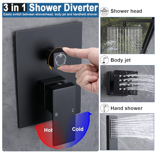 Enga Shower System with Body Jets, 12 Inch Wall Mount Rainfall Shower System and Handheld Body Spray Shower Faucets sets Combo with Rough-in Valve, Matte Black - color: Matte Black, style: Wall Mount - 6 Jets