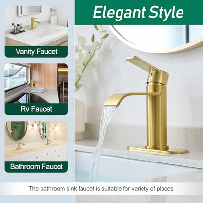 VOTON Waterfall Bathroom Faucet Brushed Gold, Single Handle 1 or 3 Hole Modern Sink Faucet with Deck Plate & Pop-Up Drain, RV Camper Vanity Washbasin Tap - color: Brushed Gold