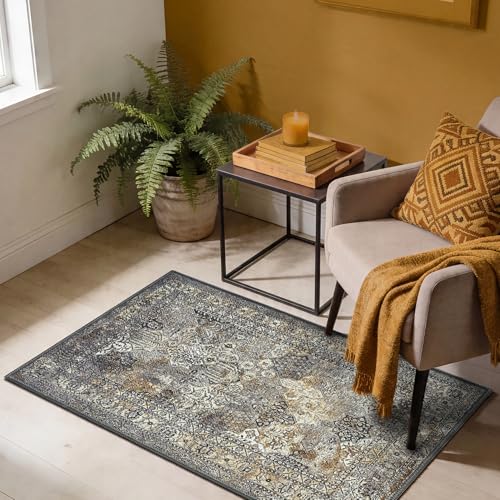 Keen Home Design Vintage Washable Entryway Rug, Non-Slip Low Pile, 2x3 | Machine washable cotton chenille, 0.25in low pile, rubber non-slip back; kitchen, entryway, bathroom, bedside - color: Anthracite Grey / Copper Tone, size: 2' x 3' (Rectangular)