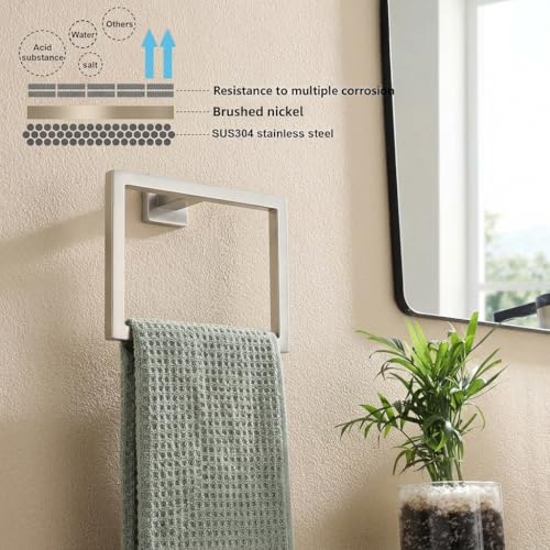 5-Piece Bathroom Hardware Set, 23.6 in Towel Bar, Brushed Nickel | SUS304 stainless steel, 55 mm square bases, concealed screw mount, towel ring, toilet paper holder, 2 robe hooks - color: Brushed Nickel