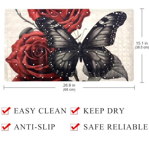 Bathtub Mat Non Slip 26.8x15.1 Inch, Roses Butterflies Shower Mat with Suction Cups and Drain Holes, Machine Washable Shower Mats for Inside Shower - color: Multi 11
