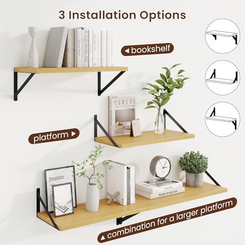 20 Inch Floating Shelves, 10 Inch Deep Oak Wall Shelves Set of 2 | 20'' x 10'' Rustic Wood Shelves with Heavy Duty Brackets, Deep Shelves for Bathroom, Living Room, Engineered Wood, 35LBS - color: Oak, size: 20W x 10D