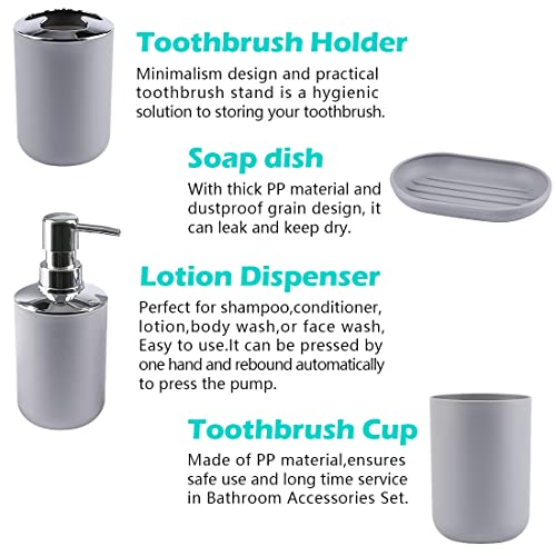 Compact 6-Piece Grey Plastic Bathroom Accessories Set with Small Trash Can, Soap Dispenser, Toothbrush Holder, Cup, Soap Dish, Toilet Brush for Guest Bathroom Dorm Apartment - color: Grey