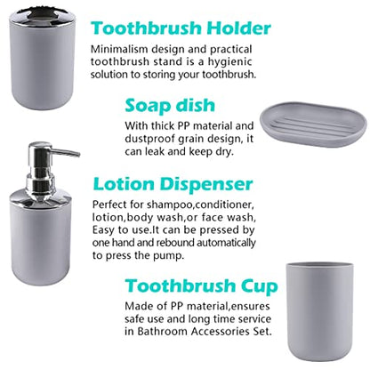 Compact 6-Piece Grey Plastic Bathroom Accessories Set with Small Trash Can, Soap Dispenser, Toothbrush Holder, Cup, Soap Dish, Toilet Brush for Guest Bathroom Dorm Apartment - color: Grey