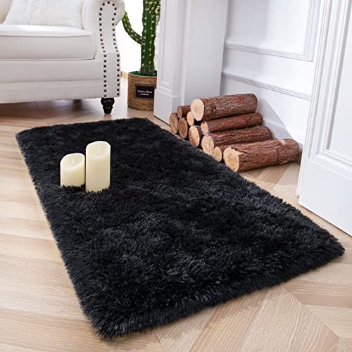 Chicrug Soft Area Rugs for Bedroom Living Room Plush Fluffy Rug 2x4 Feet, Shag Furry Area Rug Carpet Non Shedding for Nursery Children Kids Girls Room Home Decorative, Black | Shag Furry Area Rug Carpet Non Shedding for Nursery Children Kids Girls Room Ho