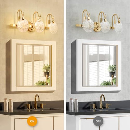 WUZUPS 3-Light Bathroom Light Fixture Over Mirror Morden Vanity Wall Sconces Clear Glass Shade for Bedroom Living Room, E12 Base, Brass Gold - color: Brass Gold, Glass shade