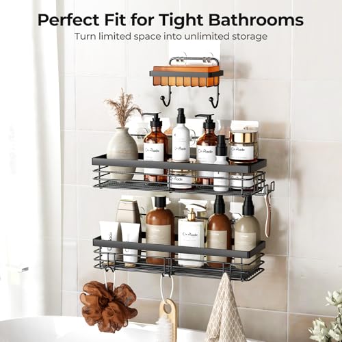 Orimade Adhesive Shower Caddy Soap Dish Holder Shelf with 5 Hooks Bathroom Organizer Basket Kitchen Storage Rack Wall Mounted No Drilling Stainless Steel - 3 Pack, Black - color: Black - 2 Pack with Soap Dish