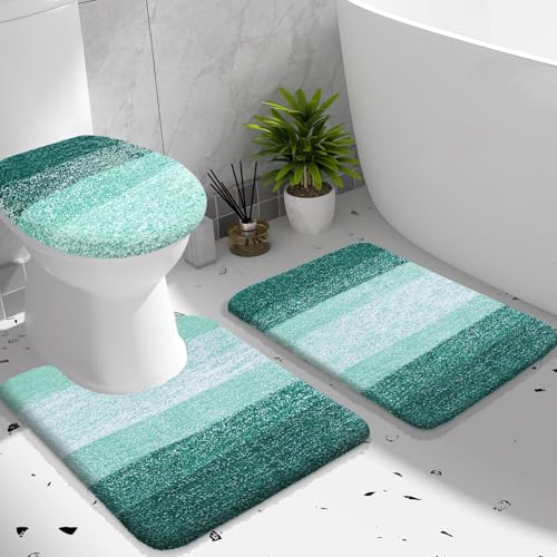 OLANLY Bathroom Rugs Sets 3 piece, Soft Microfiber Absorbent Bath Mat, U-Shaped Contour Toilet Mat and Toilet Lid Cover, Quick Dry, Machine Washable, Toilet Cover and Rug Set, Blackish Green - color: Blackish Green, size: 24" X 16" + U24" X 20" + 17.5" X