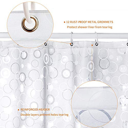 WELTRXE EVA 8G Bathroom Shower Curtain Liner, 72x72 Inch 3D Frosted Bubble Heavy Duty Waterproof Shower Curtain Liner with Magnets Thick Plastic Shower Curtains, 12 Hooks - color: Clear - Annular Patterns