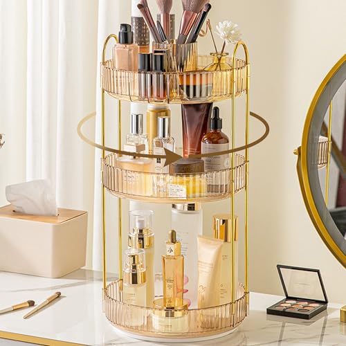 Aveniee 360° Rotating Makeup Organizer for Vanity, Upagraded Perfume Skincare Bathroom Counter Organizers with Brush Divider, 3 Tier Spinning Lipstick Cosmetic Lotion Storage,Gold - color: Amber Gold, size: New-3 Tier