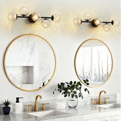 LED Bathroom Vanity Light Fixtures,Modern Black Makeup Bathroom Lighting | 5 Lights Hammered Clear Globe Glass Wall Sconce,Dimmable Mid Century Modern Bubble Glass Bathroom Vanity Lights over Mirror - color: Black Hammered Glass, size: Integrated LED