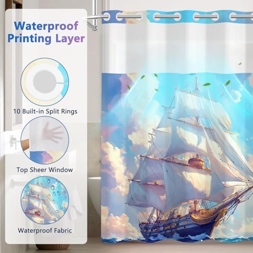 No Hooks Shower Curtain with Snap in Liner and Sheer Top Window, Sailboat Nautical Theme Easy Hang Waterproof Fabric Shower Curtain, 71x74in No Hook Double-layer Shower Curtain Set with Weighted Hem - color: Sailing Boat