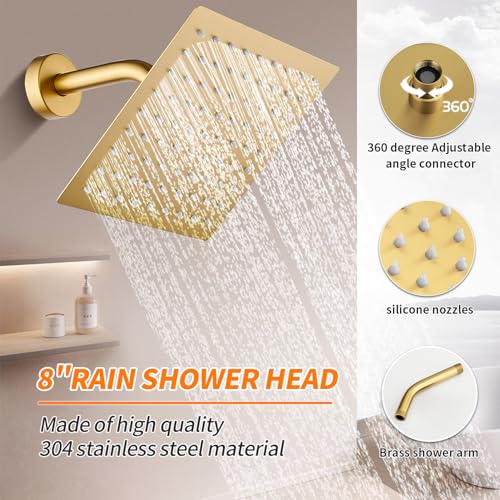 Brushed Gold Shower Faucet Single Function Trim Kit with Rough-in Valve Set Bath Rainfall Shower System 8inch Square Stainless Steel Metal Shower Head - color: Brushed Gold