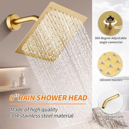 Brushed Gold Shower Faucet Single Function Trim Kit with Rough-in Valve Set Bath Rainfall Shower System 8inch Square Stainless Steel Metal Shower Head - color: Brushed Gold