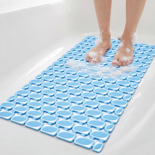 Shower Mat Non Slip Bathtub Mat, Bath Mat for Tub with Strong Suction Cups, Quick Dry Drain Holes, Machine Washable Shower Floor Mat for Elderly & Kids, 27"x16", Blue - color: Blue