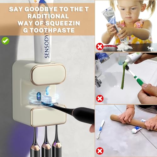 Automatic Toothpaste Dispenser, Electric Toothpaste Dispenser Multi-Function, Toothbrush Cleaner Wall Mounted with 3 Brush Slots, Toothbrush Organizer and Holder for Bathroom (Beige) - color: White