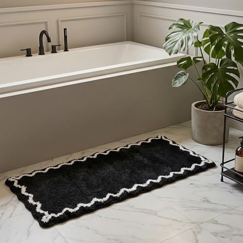 ORTIGIA Black Bath Mat with White Scallop Non Slip, Quick Dry Bath Rug Absorbent Soft Plush Microfiber Bathmat for Bathroom Floor Carpet for Sink Bedroom, 17x47 - color: Black, size: 1'5" x 3'11" (Rectangular)