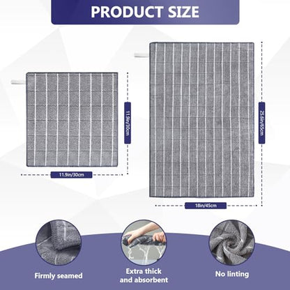FGSAEOR Microfiber Kitchen Towels & Dish Cloths Set - Premium Ultra-Soft, Super Absorbent, Quick-Drying Dish Towels - Grey Checkered, 8-Pack (12"x12" & 18"x26") for Dishes, Multi-Purpose