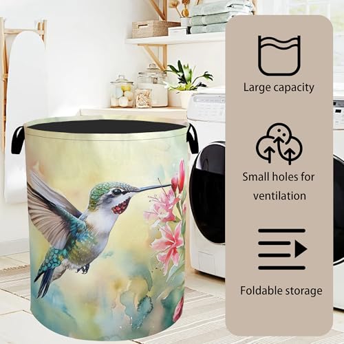 Summer Hummingbird Laundry Basket with Handles - Extra Large Foldable Hamper for Bathroom/Laundry/Bedroom/Dorm, Washable Fabric Storage Bin - color: Summer Hummingbird