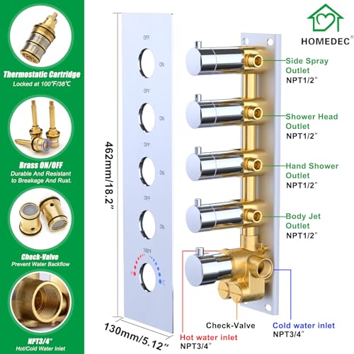 HOMEDEC LED 14x20" Ceiling and 6" Wall Shower Heads Full Body Shower System, with 4-Way Thermostatic Diverter Valve, Body Sprays and Handheld, Chrome - color: Chrome, style: 4-Way + 1x 6" Top