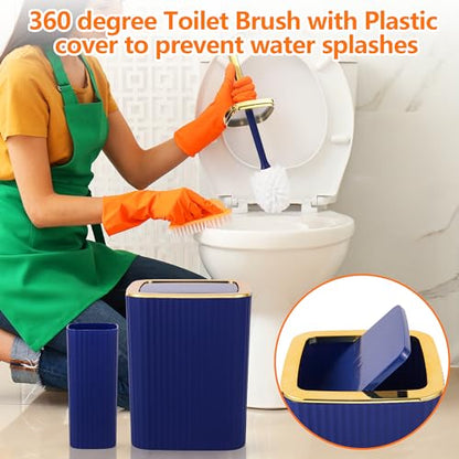 9 PCS Navyblue Bathroom Accessories Set with Trash Can Bathroom Accessory | All-in-One Kit with Trash Can,Toothbrush Holder,Soap Dispenser,Toothbrush Cup,Vanity Tray,Soap Dish,Toilet Brush etc for Home - color: Navy Blue