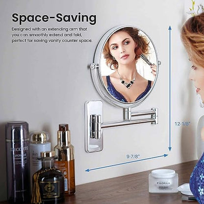 Circular Wall Mount Makeup Mirror, Dual-Sided 1x/5x Magnifying Mirror with Extendable Arm, 360° Swivel, Solid Brass Construction for Durability and Style (Chrome, KMM100) - color: Chrome