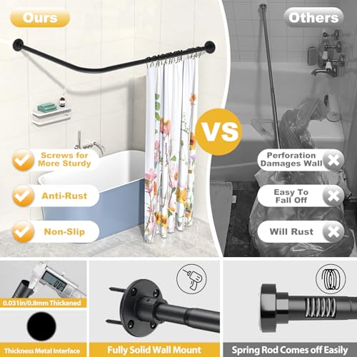 Corner Shower Curtain Rod, 30"-51.2" x 30"-51.2" Adjustable L Shaped Shower Curtain Rod, Industrial Shower Pole Wall Mounted for Bathroom,Closet,Room Divider,Outdoor Patio, Black