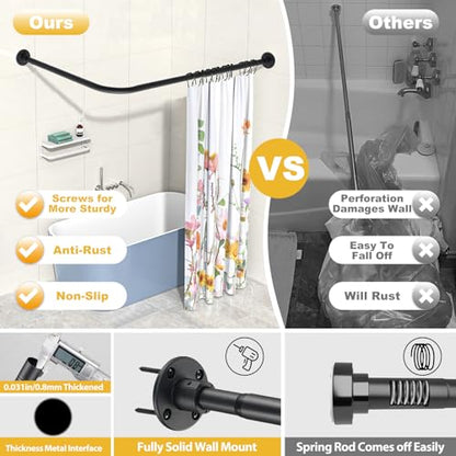Corner Shower Curtain Rod, 30"-51.2" x 30"-51.2" Adjustable L Shaped Shower Curtain Rod, Industrial Shower Pole Wall Mounted for Bathroom,Closet,Room Divider,Outdoor Patio, Black