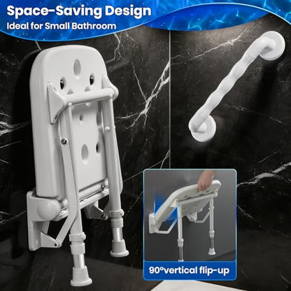 Wall Mounted Shower Seats with Bathroom Grab Bar, Support 550lbs, Adjustable Height Fold Down Shower Seat Wall Mounted, Folding Shower Bench Wall Mounted for Elderly-Adults-Pregnants-Seniors-Disabled - size: Shower Seat with grab bar