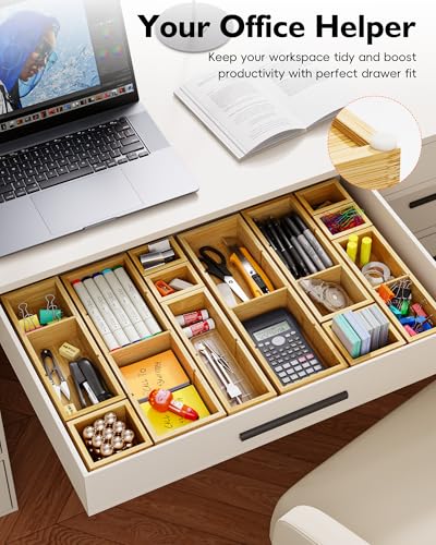 12-Piece Bamboo Drawer Organizer Set, 24 Compartments Modular Storage | Natural Bamboo, Flexible Modular Trays, Water-Resistant, Stackable Design, Adjustable, Excellent Organization, Easy to Clean - size: 24 Compartments