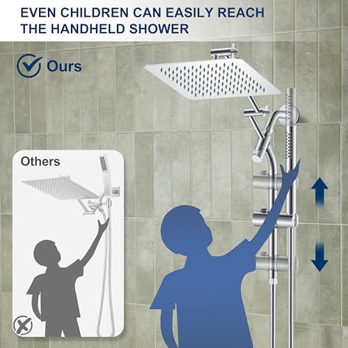 Chrome 10 Inch All Metal Rain Shower Head with Handheld Spray, Silver | High Pressure Rainfall Shower Head wih Adjustable Extension Arm, Dual Showerhead Set with 60" Shower Hose, Square Rainfall - color: Chrome