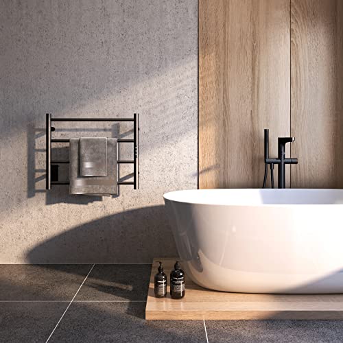 Sharpeye Towel Warmer Rack with 24hr Timer, 4-Bar Matte Black Heated Towel Rack for Bathroom, Plug-in/Hardwired, Electric Towel Warmer with Temperature Controls