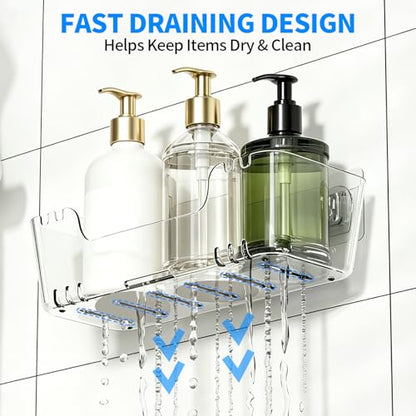 CGBE 5-Pack Adhesive Shower Caddy Set, No-Drill Bathroom Shelves | Rustproof Clear PET Wall Shelf with Open-Bottom Drainage, Hooks & Extra Adhesive Pads for Tile, Glass and Metal Surfaces