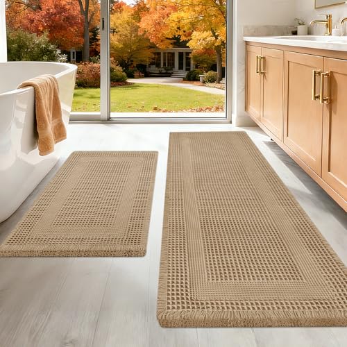 Upgraded Waffle Bath Mat Set 2 Piece Beige-Looped, Super Absorbent Non-Slip Quick Dry Bathroom Rugs with Tassels, Machine Washable Ultra Soft Boho Bath Rugs for Floor, Toilet Mats Boho Farmhouse Decor - color: Beige, size: 24"x17"+5'x2'