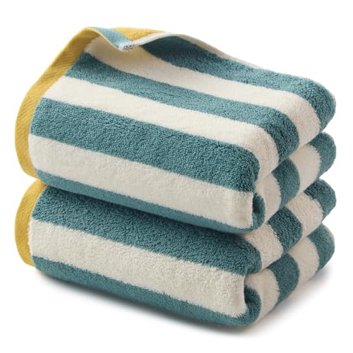 REDKISS Striped Hand Towels for Bathroom, Kitchen Decor, Guest Use, Kids & Adults, 100% Cotton, 12” x 28”, 2 Pack, Green - color: Green