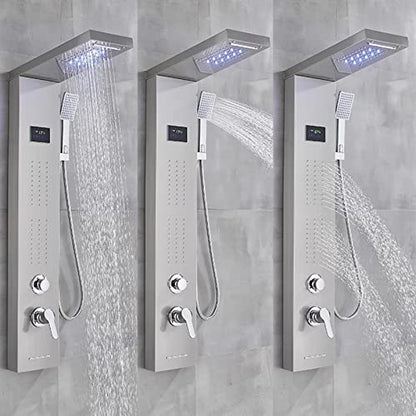 Split Shower Panel Tower System, Stainless Steel 5 in 1 Shower Column with LED Rainfall Waterfall Shower Head, Water Temperature Display and Body Jets,Brushed - color: Brushed