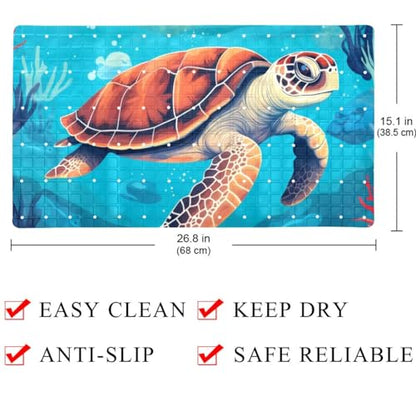 Non Slip Bath Mat for Tub, 15.1 x 26.8 Inch Bathtub Mat Machine Washable Shower Mat with Drain Holes and Suction Cups, Sea Turtle Ocean Pattern - color: Multi 04
