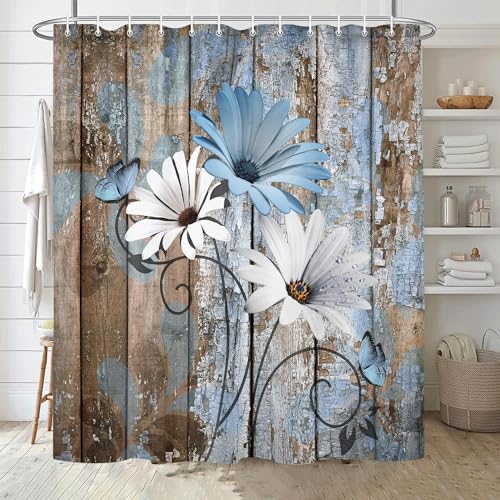 JAWO Farmhouse Flower Floral Shower Curtain, Rustic Blue Daisy Shower Curtain Set, Country Blue Wild Garden Plant Fabric Shower Curtain with Hooks, Brown Wooden Board Bathroom Curtain, 47x64inch - color: Daisy-blue, size: 47"W x 64"L (Pack of 1)