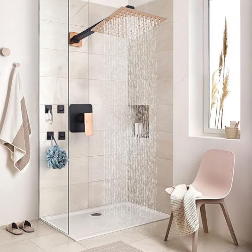 Shower Faucet Set Bathroom Matte Black and Rose Gold Rainfall Shower System Wall Mount with 8 Inch Square Shower Head, Single Function Shower Trim Kit with Rough-in Valve - color: Matte Black+Rose Gold, style: 8 Inch without Handheld Sprayer