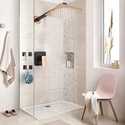 Shower Faucet Set Bathroom Matte Black and Rose Gold Rainfall Shower System Wall Mount with 8 Inch Square Shower Head, Single Function Shower Trim Kit with Rough-in Valve - color: Matte Black+Rose Gold, style: 8 Inch without Handheld Sprayer