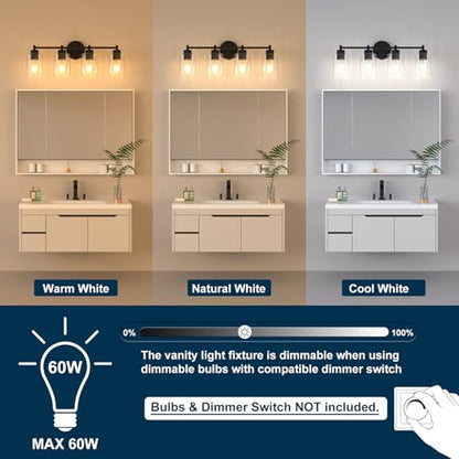4-Light Bathroom Light Fixtures, Matte Black Modern Vanity Light with Clear Glass Shades, Bathroom Sconce for Mirror Living Room Cabinet Bedroom Porch,E26 Base(Bulbs Not Included) - color: Black 4 Lights