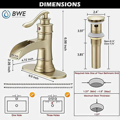 BWE Brass Gold Waterfall Sink Faucet for Modern & Traditional Bathroom | Wide Waterfall Spout, Ceramic Cartridge, Fits 1 or 3-Hole Sink, Single Handle, Hardware Kit Included, Not for Vessel Sink - color: Gold