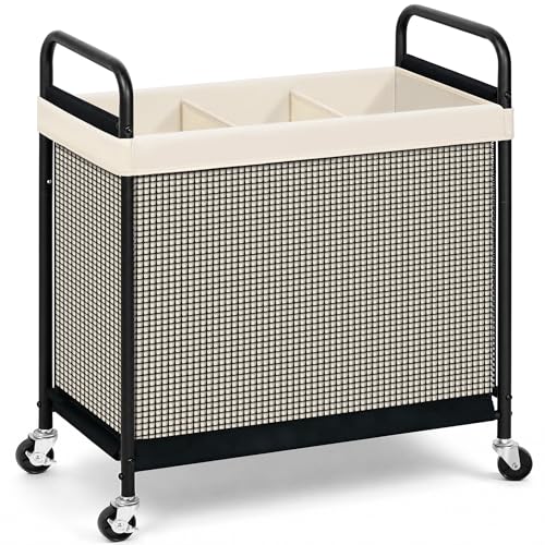 STORAGE MANIAC Rolling Laundry Hamper with Wheels 3-Section Laundry Sorter Rolling Laundrys Basket on Wheels with Removable Bag Clothes Hamper Laundrys Organizer Cart Bathroom Bedroom 120L Beige - color: Beige, size: 3-Section